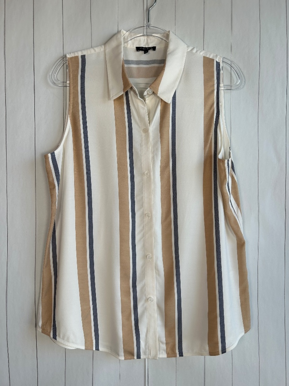 Lafayette 148 size L sleeveless button up shirt gold blue stripe viscose minimal